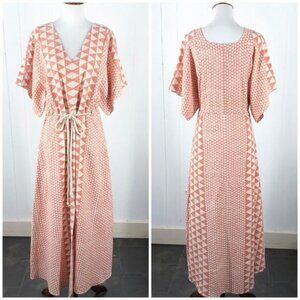 Nymane Adrienne Triangle Print Maxi Dress V Neck 100% Cotton Size XS Pink Cream